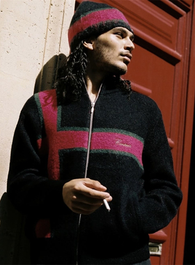 Corteiz 情侣款lux knit zip up Sweater -black黑红十字针织外套