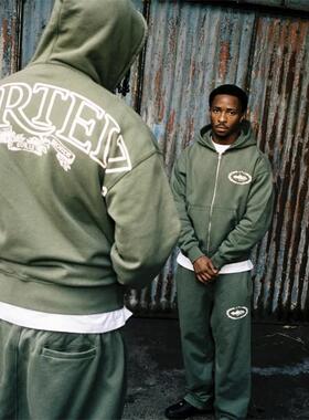 Corteiz 新款时尚印花男女超酷皇家拉链开衫卫衣休闲裤军绿色套装