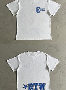 Corteiz夏季蓝色字母印花白色短袖男女款美式嘻哈街头灯塔圆领T恤