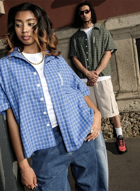 Mertra新款街头男女款格子刺绣logo短袖夏季休闲运动百搭时尚衬衫