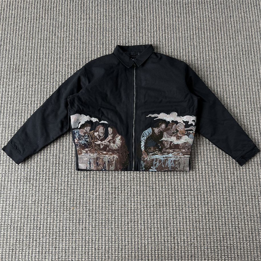 thumbnail for Vescartes Vintage Communion Embroidered Cargo Jacket Trendy Loose Cropped Lapel Distressed Black Jacket