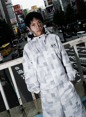 Mertra新款街头男女格纹迷彩灰夹克连帽外套长裤秋季宽松休闲套装