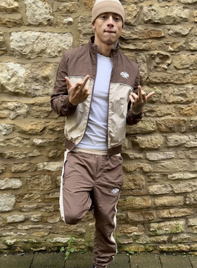 SYNA 秋季新款美式街头压胶梭织套装米黄棕拼接流行外套长裤潮流