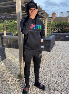 Trapstar小众说唱潮牌蓝红色毛巾刺绣连帽卫衣宽松休闲运动长裤
