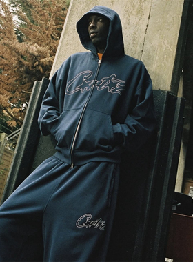 Corteiz 新款街头男女秋季字母刺绣粗针拉链连帽卫衣长裤套装休闲