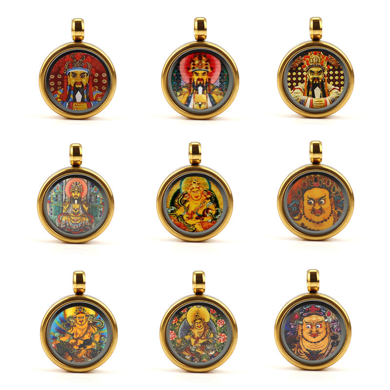藏式1.5cm不锈钢迷你小唐卡五爷黄财神五路财神唐卡嘎乌盒吊坠