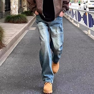 美式高街vibe水洗直筒大码牛仔裤男春季潮牌小众高级感阔腿长裤潮
