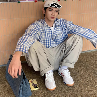 夏季薄款慵懒风休闲长袖格纹衬衫复古撞色格子衬衣宽松男女ins潮