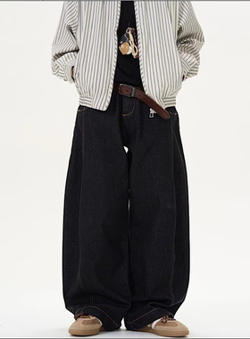 日系复古丹宁黑色阔腿弯刀牛仔裤男女纯色慵懒百搭直筒宽松休闲裤