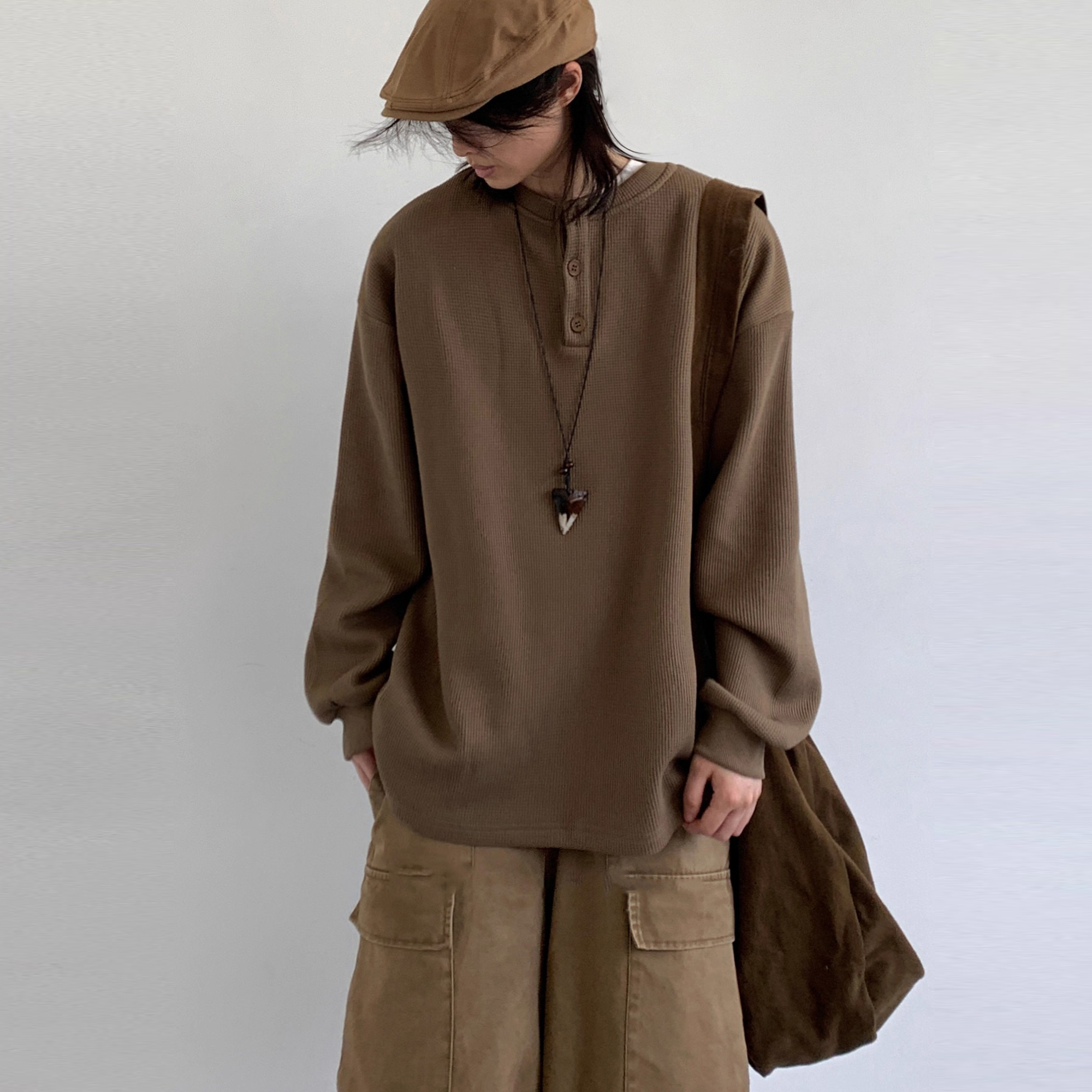 秋季日系基础款华夫格长袖卫衣男