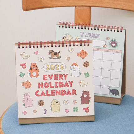 韩国7321可爱卡通动物2026日程计划双面彩页台历桌面记事月历日历