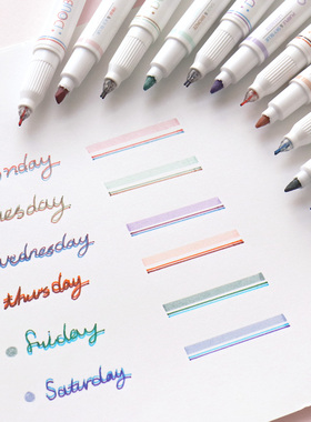 韩国iconic创意双头彩色涂鸦笔双色线条0.5mm水笔划线标记荧光笔