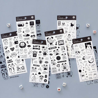 韩国iconic可爱涂鸦ins风透明黑白贴纸无痕可移手账相片卡装饰贴