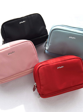 iplaybox时尚纯色尼龙大容量双层化妆包女日常随身便携化妆收纳包