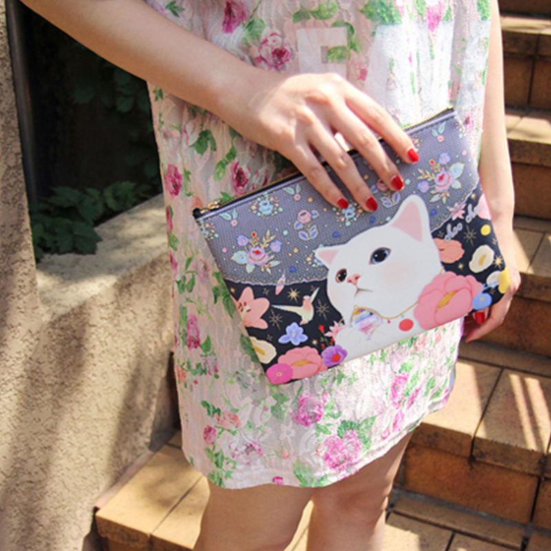 韩国jetoy可爱萌宠卡通猫咪ins风皮革化妆包女手拿杂物整理收纳包