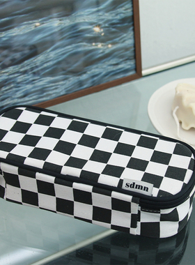 韩国plan d时尚ins风棋盘格纹大容量学生文具笔袋便携化妆收纳包