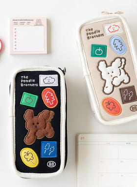 韩国romane卡通拼贴狗狗立体大容量学生笔袋文具盒化妆数码收纳包