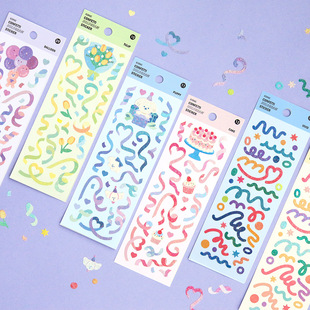 饰贴 韩国iconic可爱彩丝带ins无痕可移除镭射贴纸手账相片咕卡装