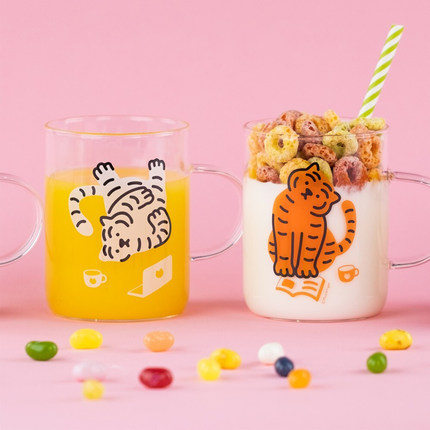 韩国Muziktiger卡通可爱老虎透明玻璃水杯ins咖啡牛奶果汁饮料杯