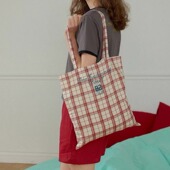 韩国HOTEL 827小清新复古格纹手提单肩包百搭通勤收纳包环保袋ins