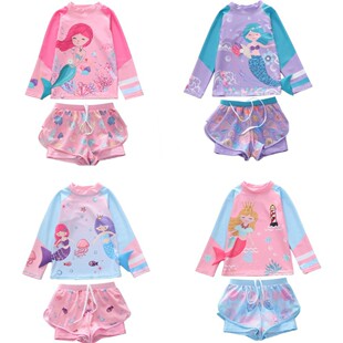 裙泳装 沙滩运动网平角裤 小中大童游泳衣 儿童泳衣女童分体长袖 新款