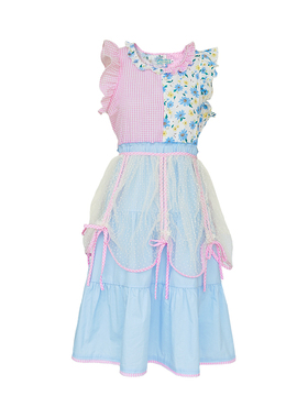 Little Berry 少女格子飞袖花边碎花连衣裙公主蛋糕裙两件套