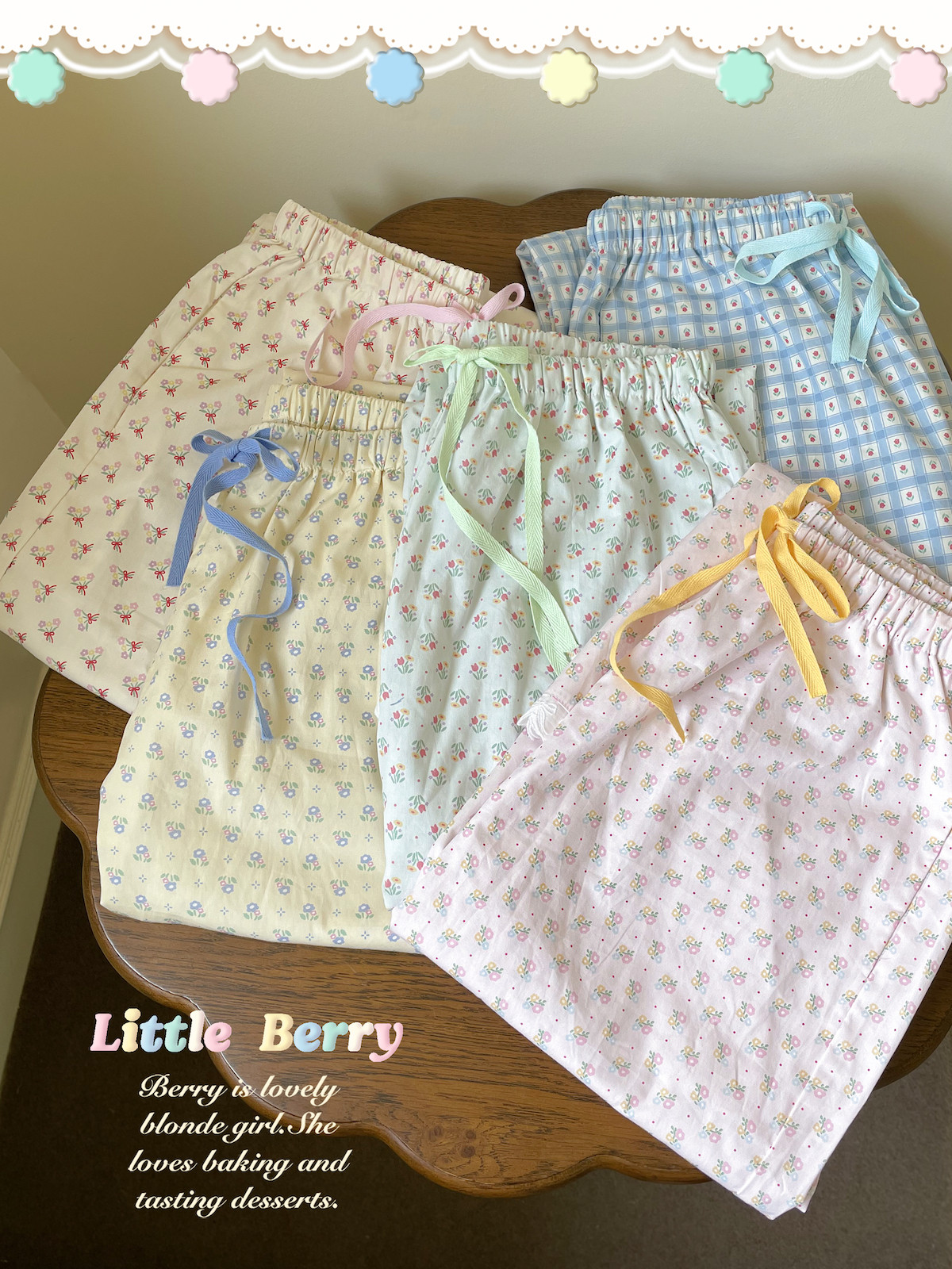 LittleBerry碎花睡裤棉细腻松紧蝴蝶结花边温和休闲彩色居家女秋