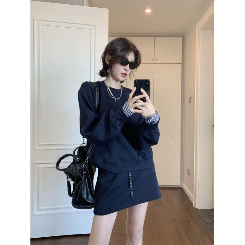 休闲套装设计感格子拼接长袖卫衣女早秋高腰包臀半身裙短裙两件套