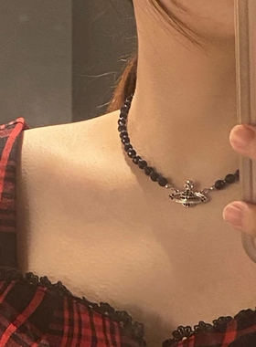 黑玛瑙项链黑色锆石土星吊坠项链锁骨链甜酷风choke颈带项圈颈链