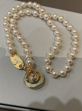 复古鎏金蓝色立体土星珍珠项链orb飞碟宇宙锁骨链短款轻奢颈链女