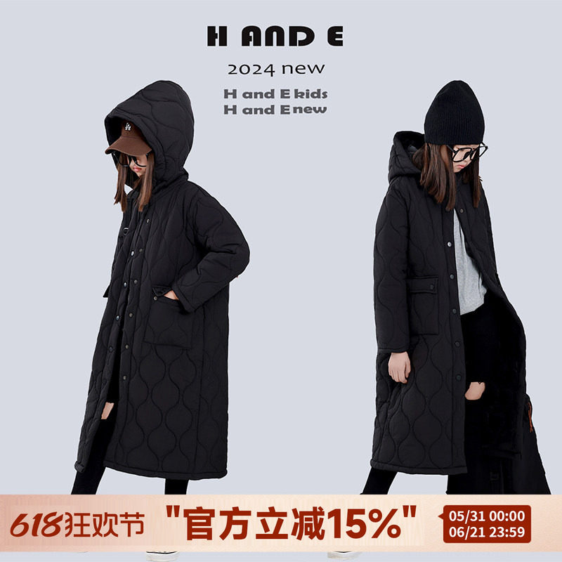 H AND E 原创童装2026新款冬季暗黑系菱形格绗棉连帽长棉服女童装