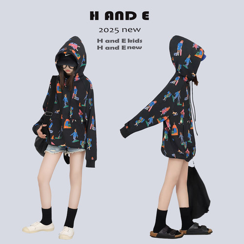 H AND E 原创童装2026春季行走运动达人印花连帽卫衣女童亲子装
