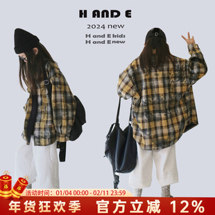 H AND E原创童装加绒格子衬衫女童衬衫外套复古现货日系