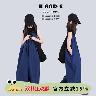 H AND E 原创童装2026夏季蓝色系条纹吊带休闲连体裤中大女童亲子