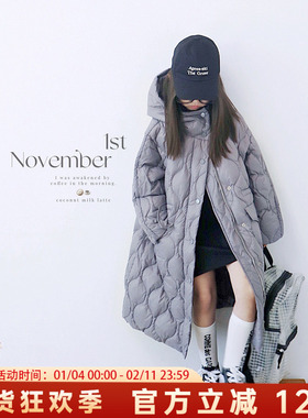 H AND E女童连帽羽绒服加长款外套白鸭绒儿童洋气显白灰色羽绒服