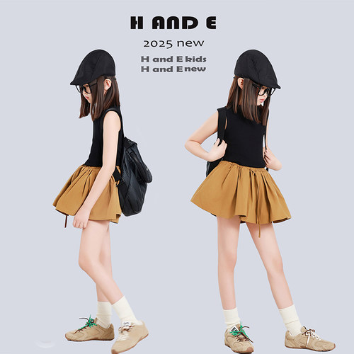 H AND E 原创童装2026夏季新款卡其色蓬蓬裙裤女童超好看夏装裙子