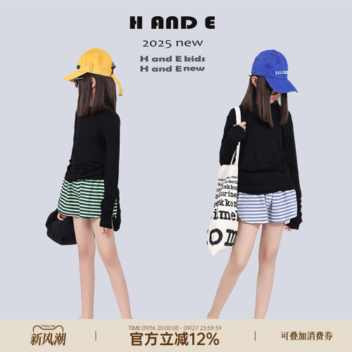 H AND E 原创童装2026夏季两色条纹毛巾布短裤宽松居家外穿女童