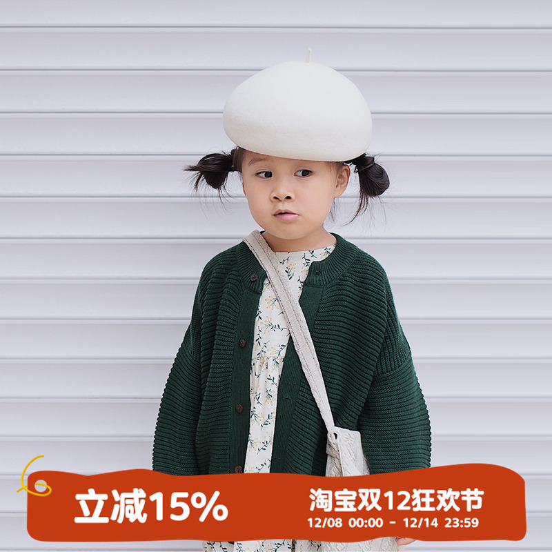 hande绿色纽扣开衫圆领长袖毛衣