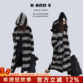 加厚保暖灰黑间条羊羔毛大衣过膝长款 女童 原创童装 26冬季 AND