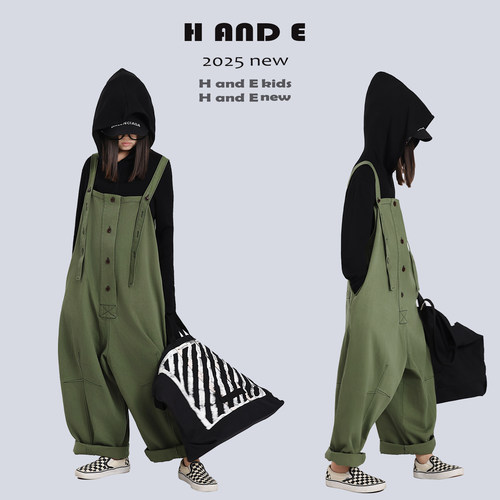 H AND E 原创童装2025秋季森系复古工装军绿色背带连体裤女童亲子