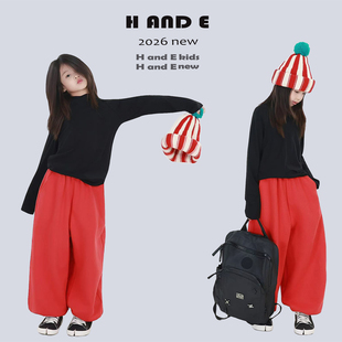 H AND E 原创儿童休闲运动裤男女童2026新款红色两穿卫裤长裤亲子