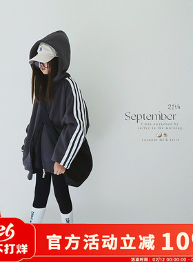 H AND E 原创童装灰色运动风加绒外套女童2026秋季新款连帽上衣