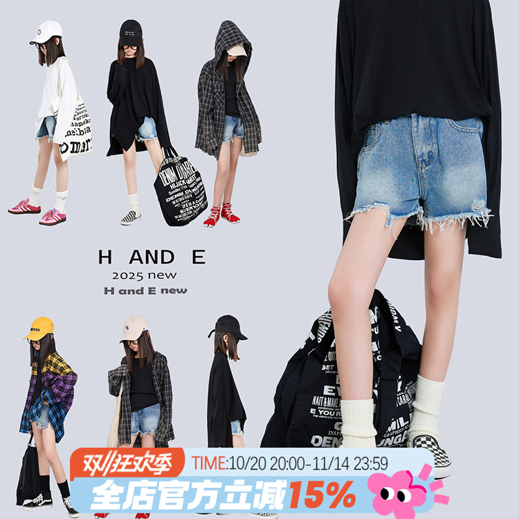 H AND E 原创童装2025夏季新款牛仔破洞短裤短裤夏女牛仔女童装