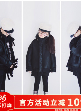H AND E原创女童黑色机车服皮毛一体外套冬季加厚加绒中大童夹克