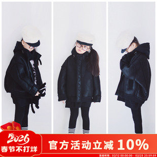 H AND E原创女童黑色机车服皮毛一体外套冬季加厚加绒中大童夹克