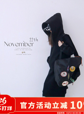 HE秋冬新款女童中长款黑色连帽卫衣裙中大童韩版加绒连帽卫衣裙潮