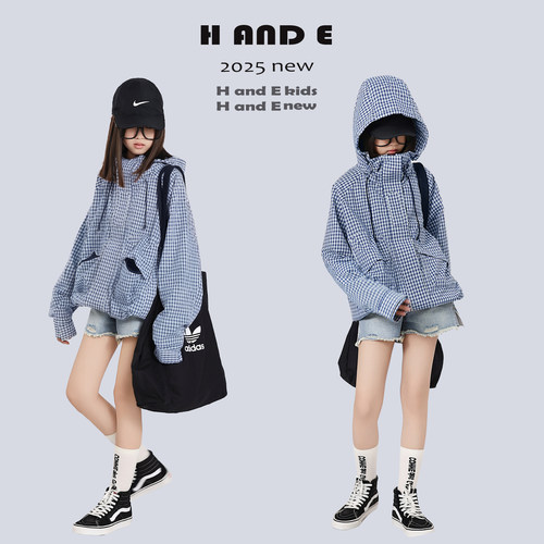 HANDE蓝白格子防风冲锋衣外套