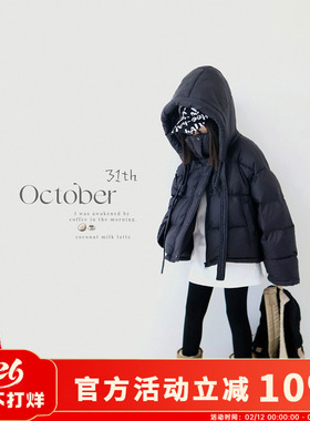 H AND E 原创童装女童黑色连帽短款羽绒服2026冬季新款保暖厚外套