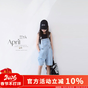 H AND E 原创童装牛仔背带短裤女童2026夏季新款显瘦浅色短裤