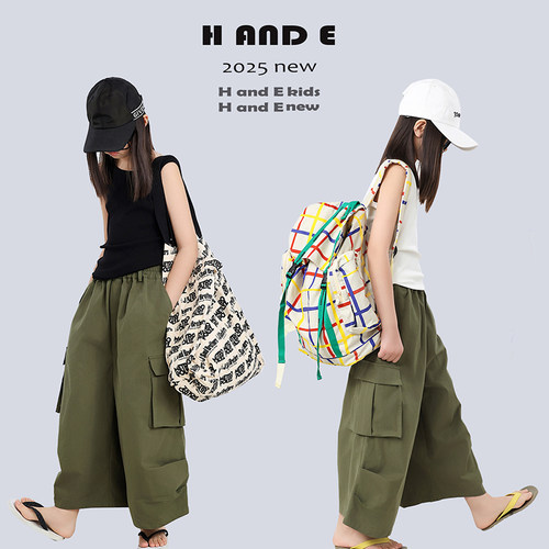 H AND E 原创童装2026春季新款军绿色工装9分垮裤休闲宽松大童女